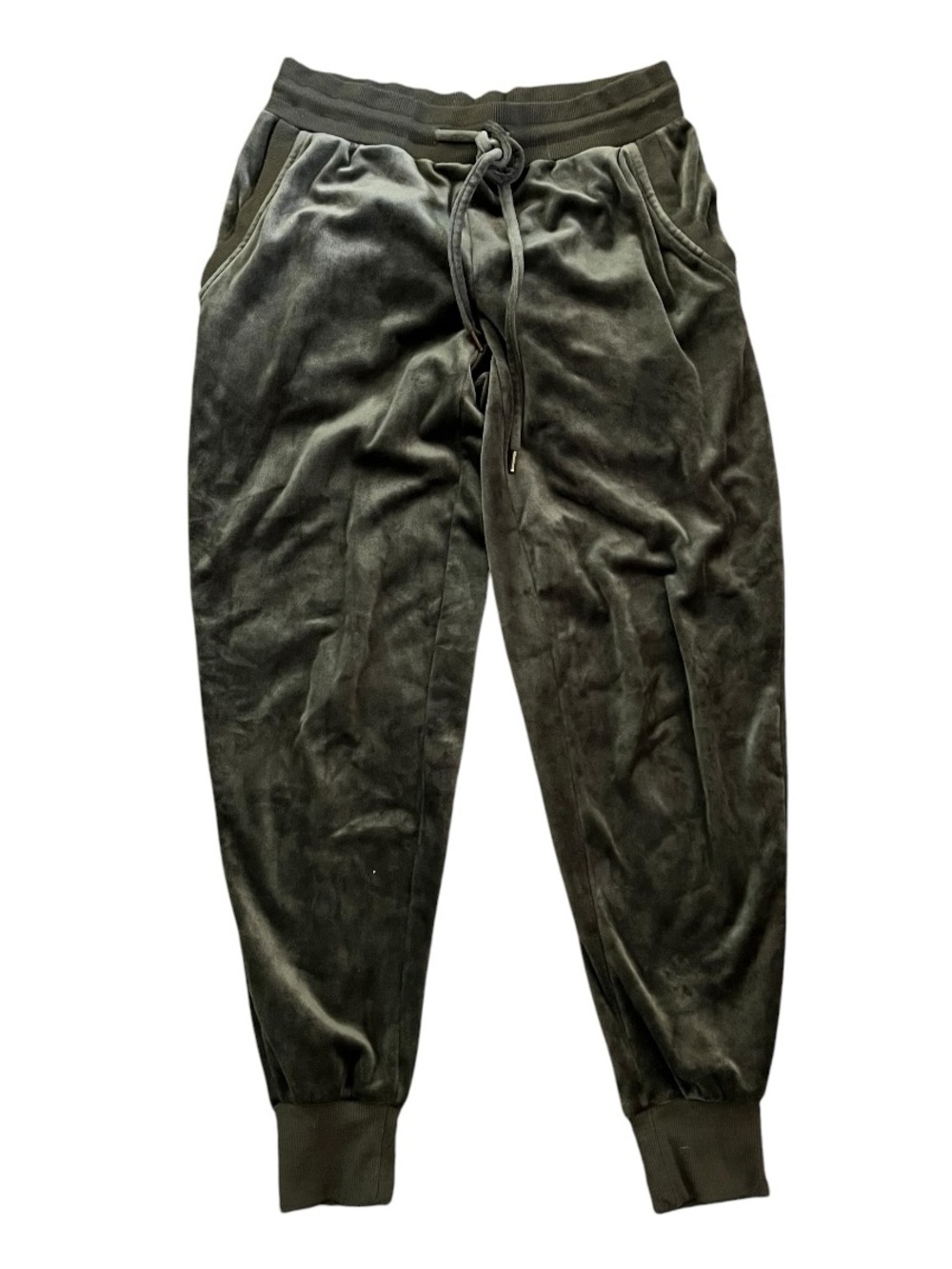Felina Velour Jogger Pants Drawstring Stretch Olive Green S